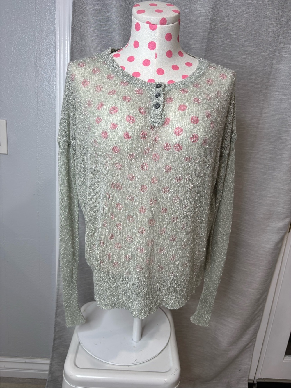 Hollister Light Green Knit Henley Sweater with Pink Polka Dots
